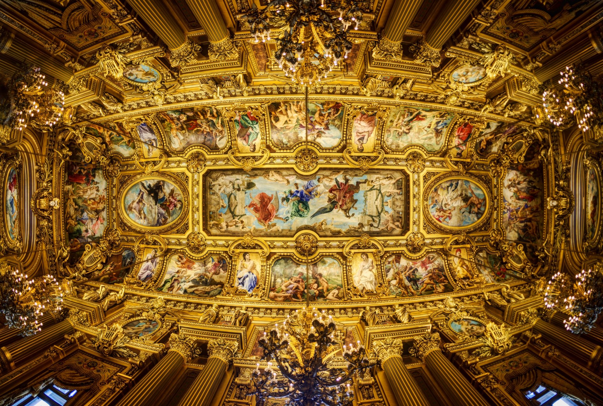 ópera de parís grand opera ópera garnier techo pintura candelabros columnas