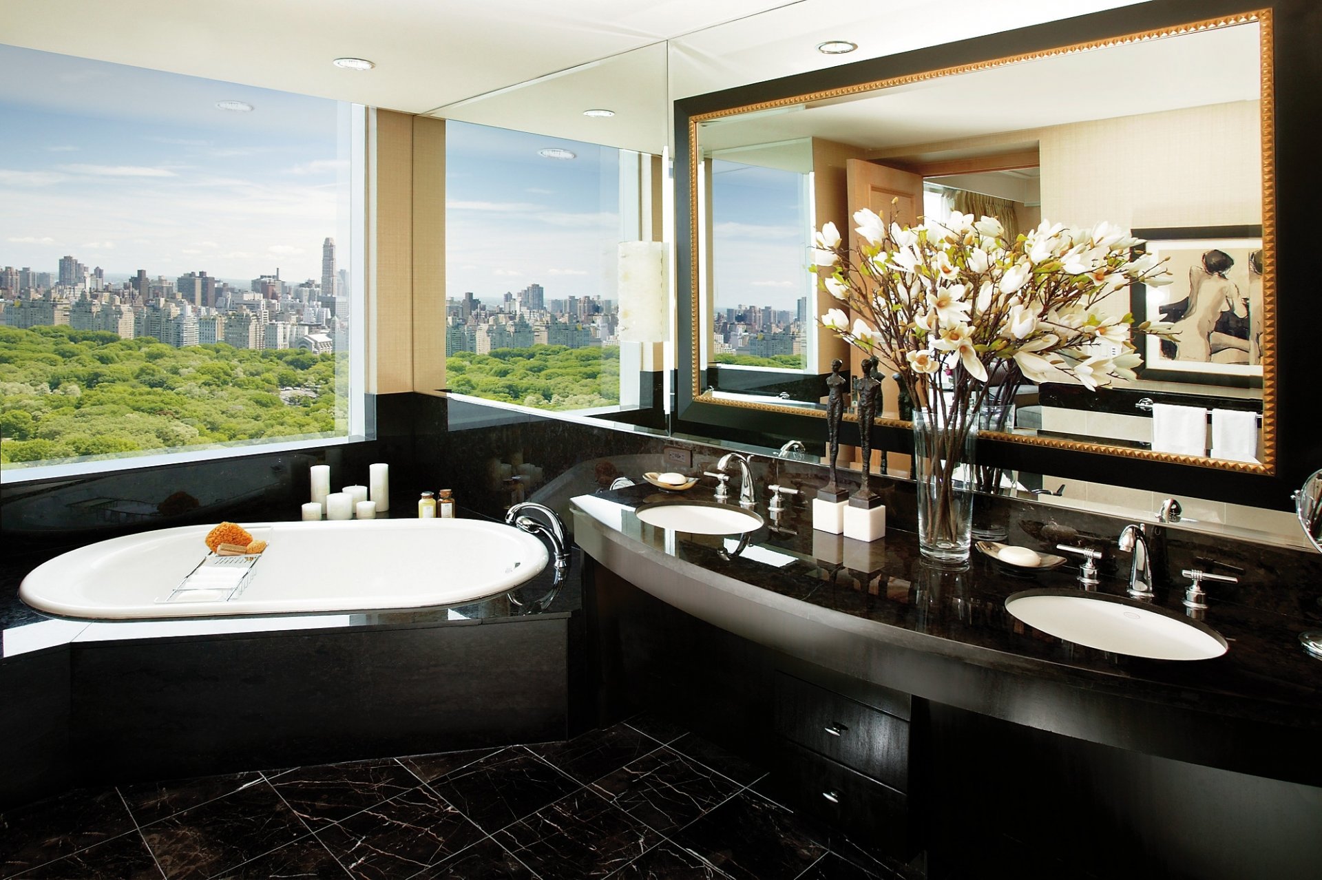 interior design style room bathroom shell bath tiles black mirror vase flower views town new york