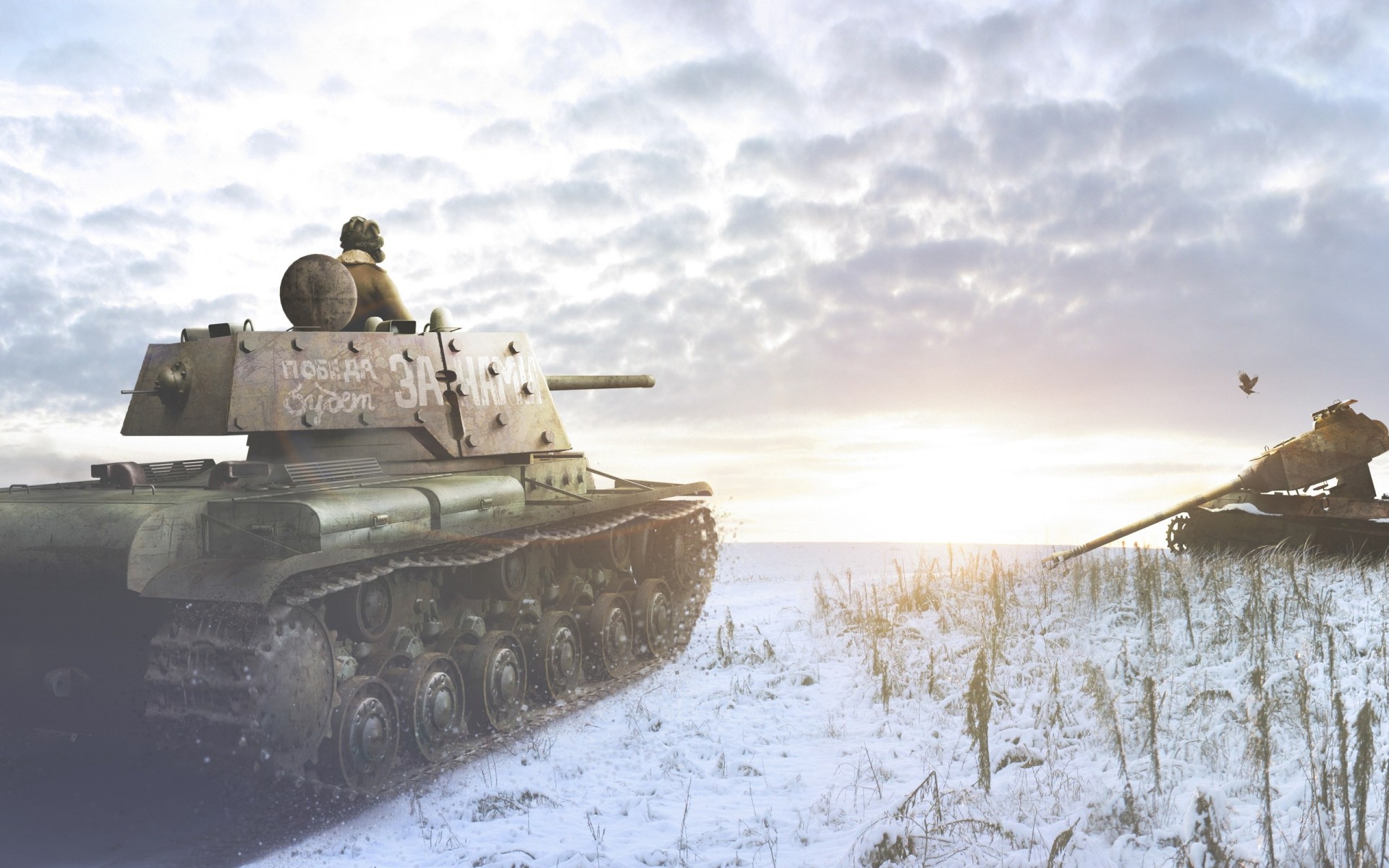 kv-1 skelett tank tanker rendering schnee klimafahrer