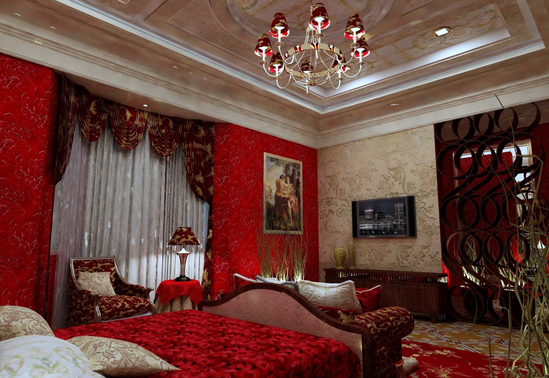 interior bedroom bed tv chandelier pattern curtains chair lamps