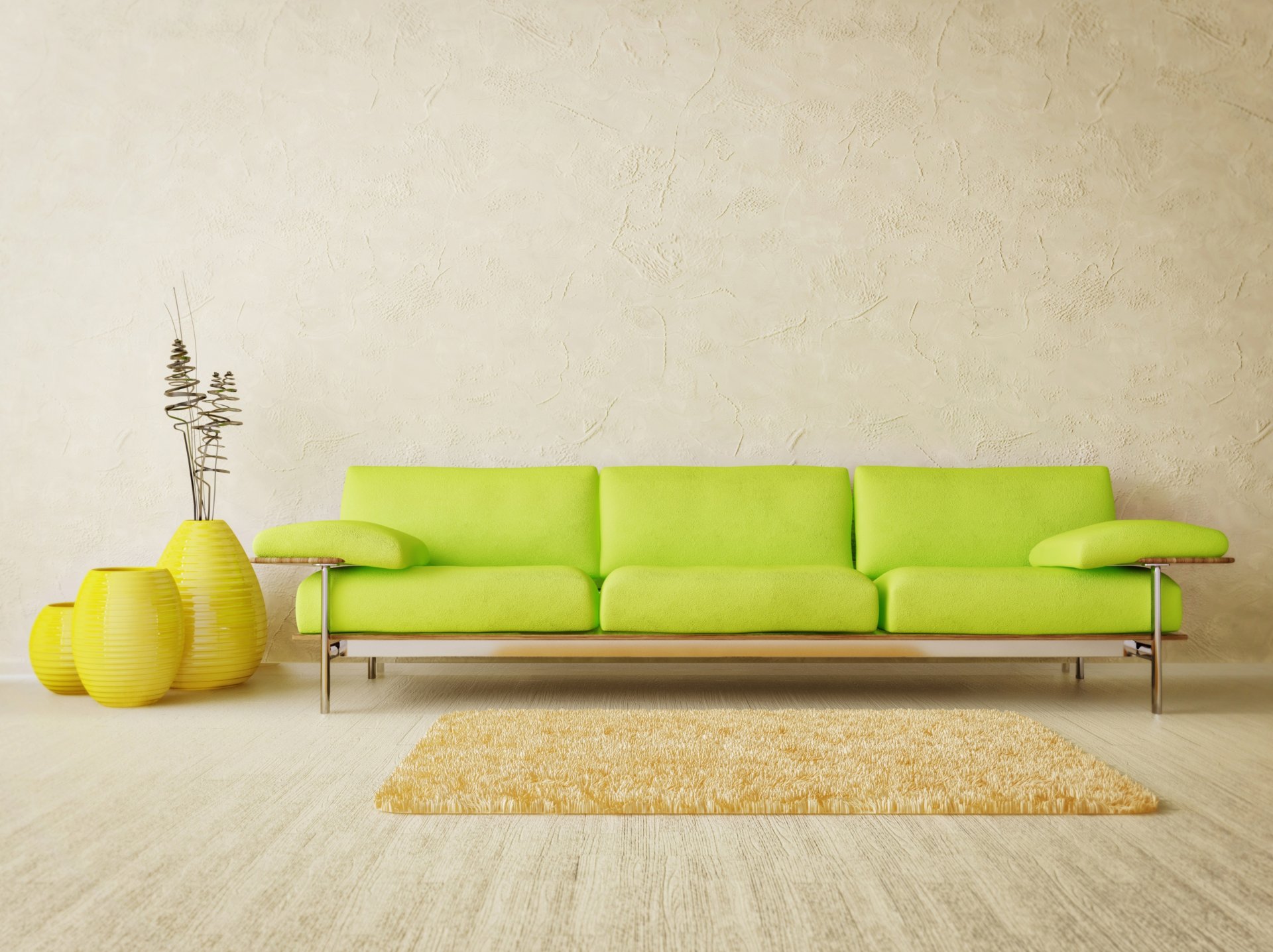 wnętrze pokój styl design jasny minimalizm sofa zielony wazony żółty dywan parkiet