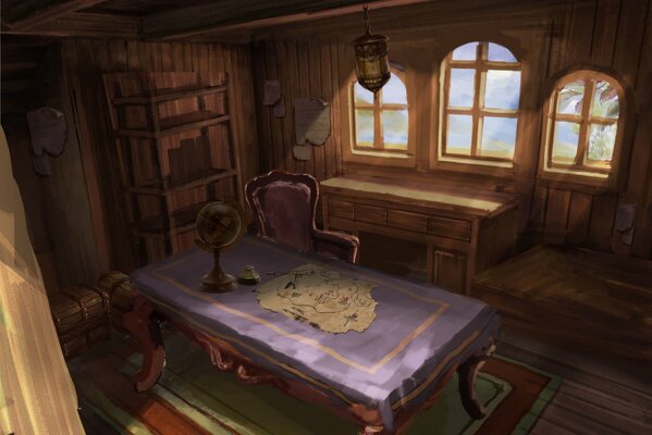 Drawing a cabin with a map and a globe on the table