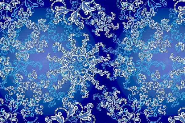 A variety of snowflakes on a blue background