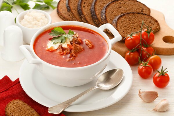 Borscht with meat and sour cream with rye bread