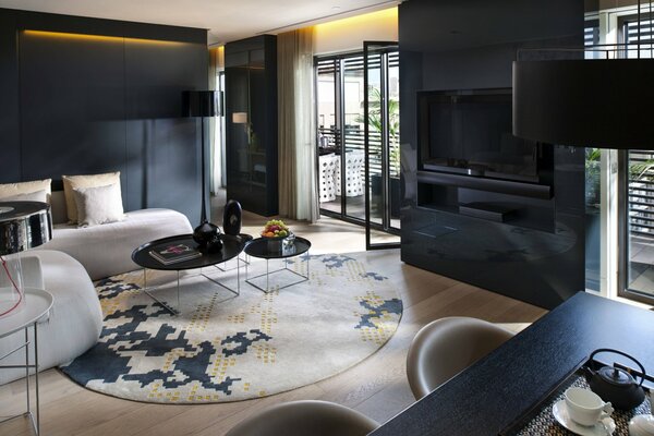 Black color in the living room interior