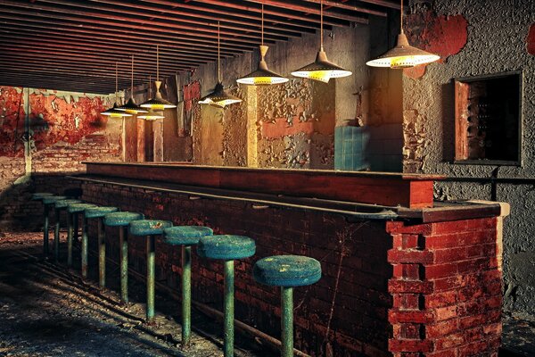 The murdered interior of the bar counter