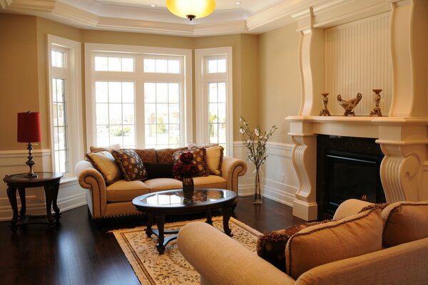 Living room with fireplace and table