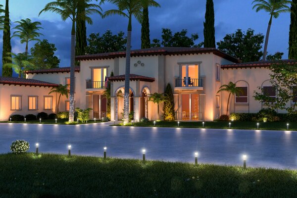 Exterior of the villa. driveway with lanterns