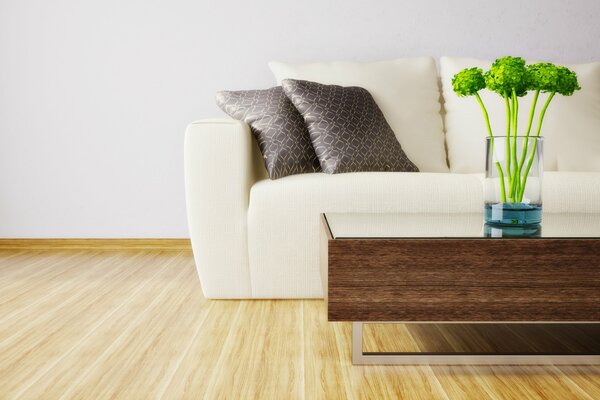 Design mit weißem Sofa und Vase