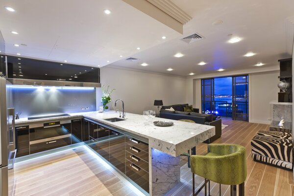 Designer interior of a city apartment. Modern kitchen design