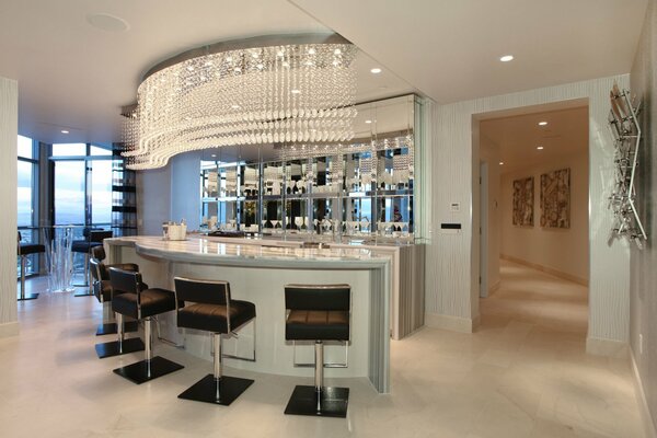 Interior kitchen with a large chandelier