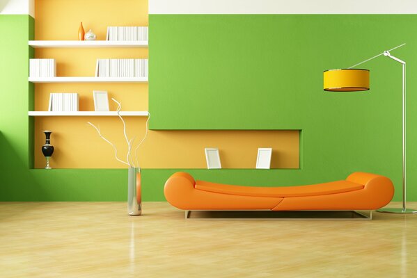 Orange sofa on the background of a green wall