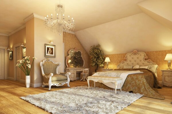 Stylish bedroom design in warm colors