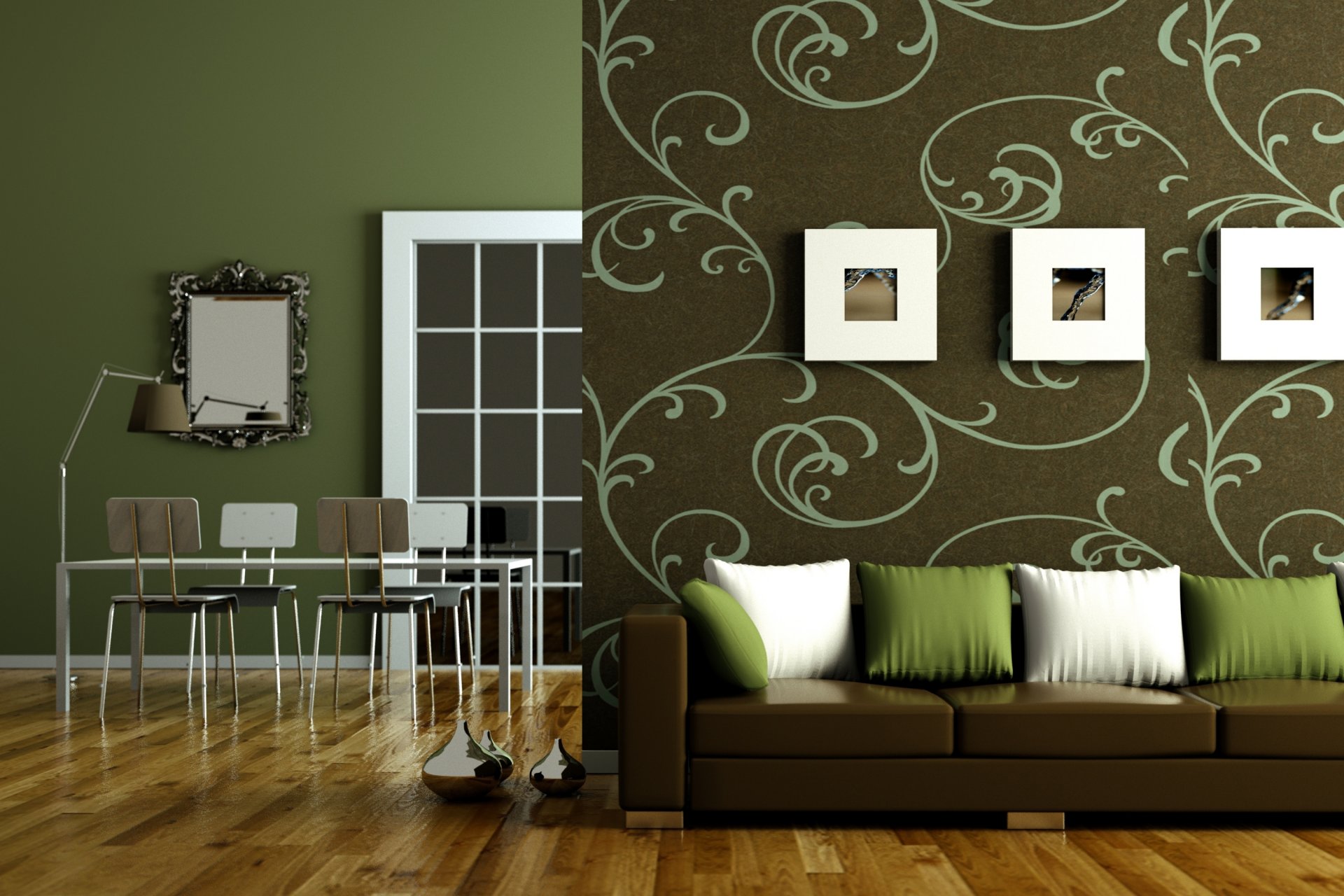 interni stile design verde marrone appartamento soggiorno divano cuscini tavolo sedie specchio lampada parquet legno