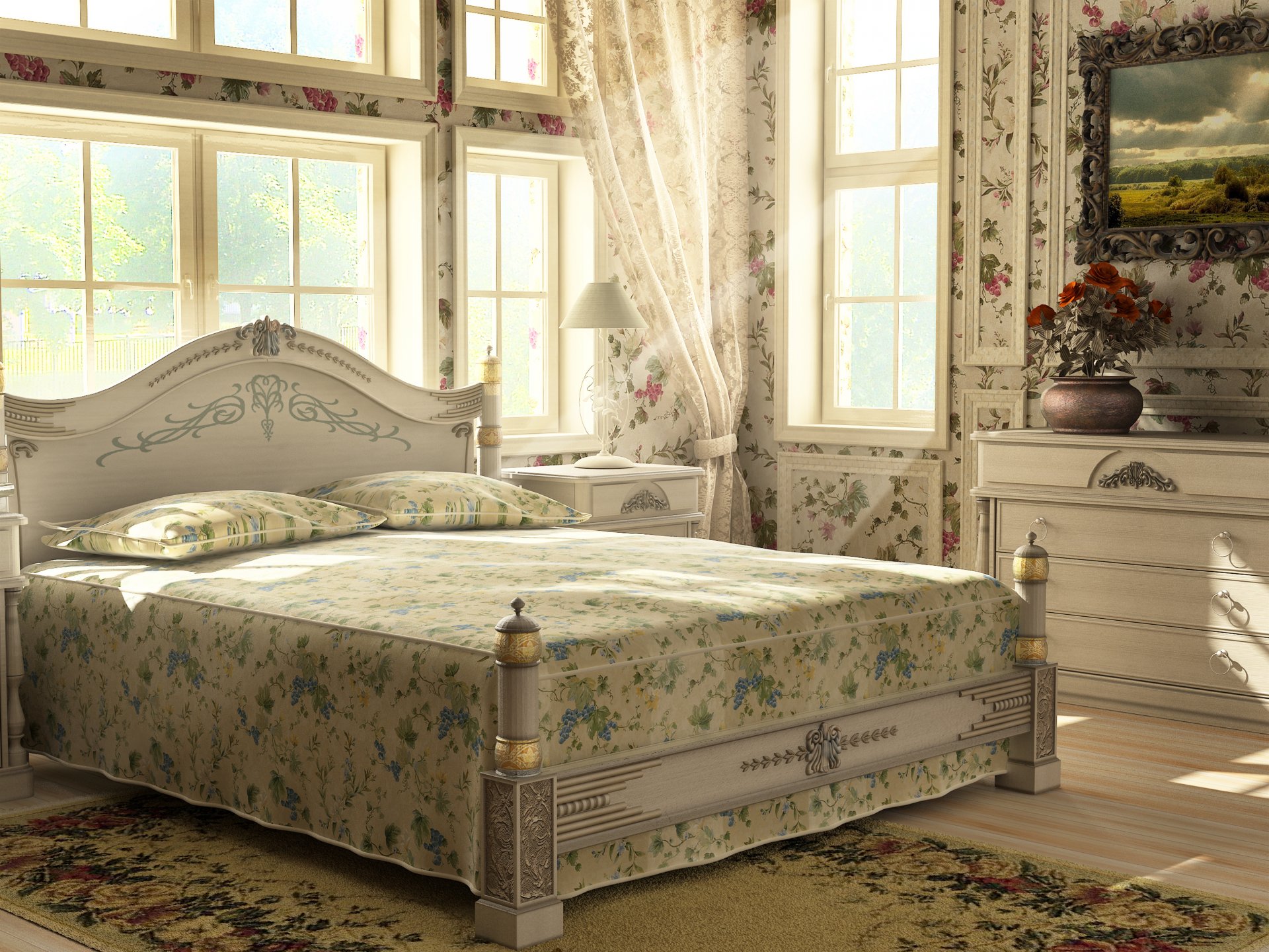 letto cuscini finestra luce comodino tende vaso fiori immagine