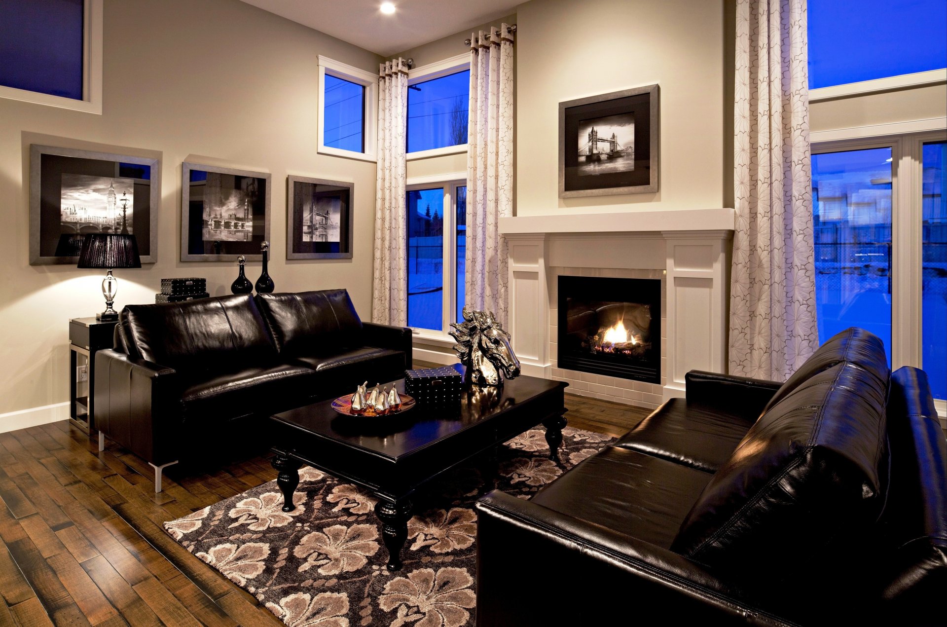 interior design style room leather black sofa fireplace