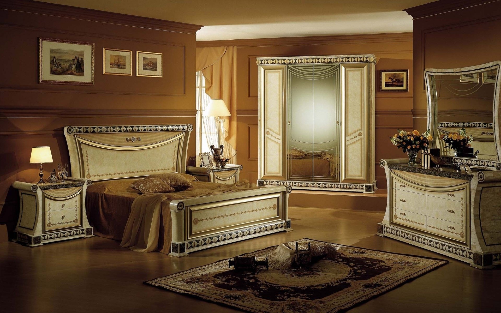 interior dormitorio cama flores rosas ramo estilo diseño habitación espejo armario lámpara pinturas