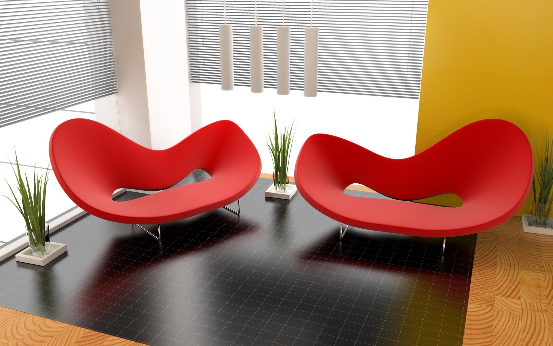 intérieur chambre appartement design style fauteuil rouge formes plantes