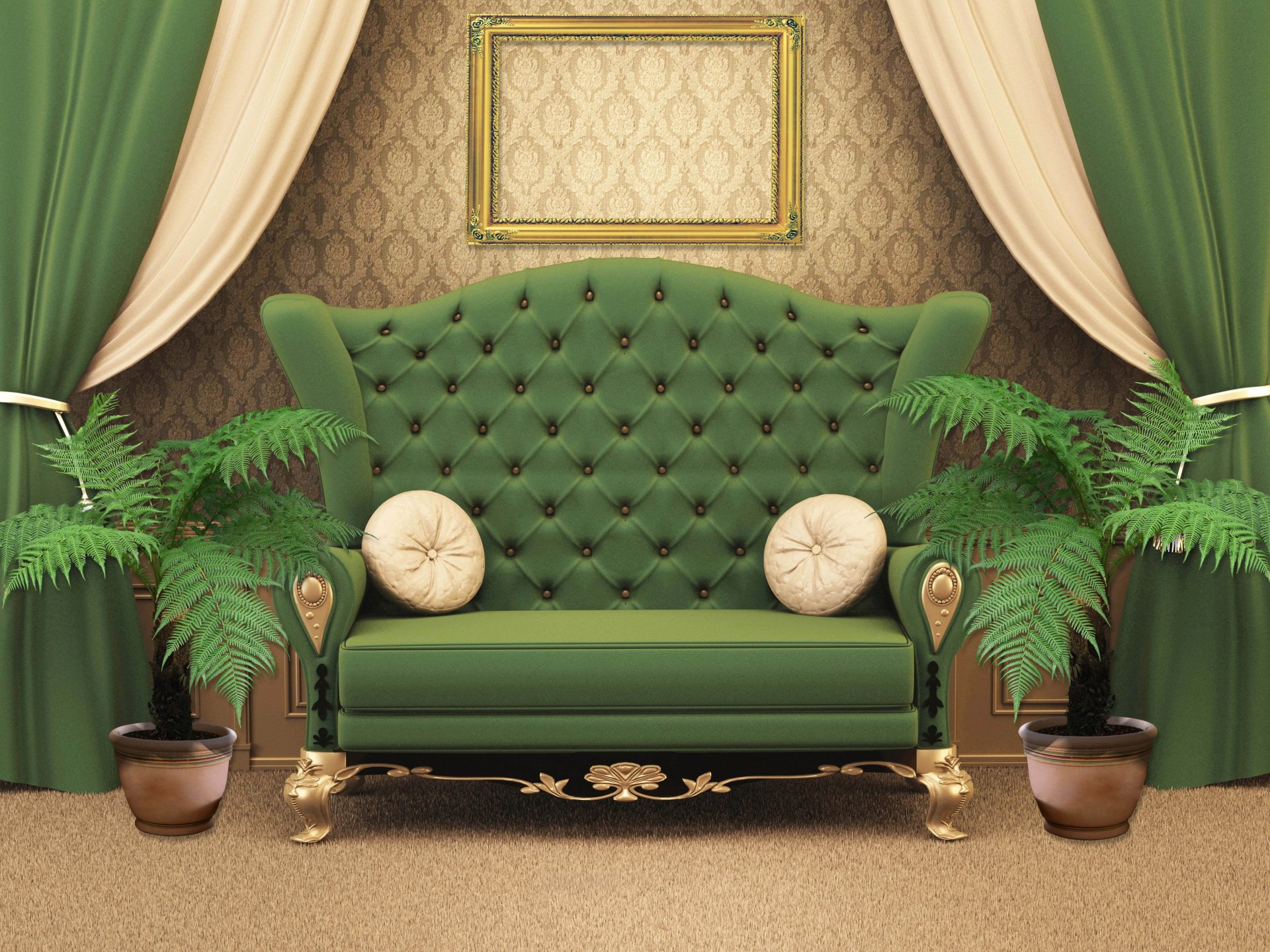 interior design style room green sofa pillows flowers curtains curtains frame