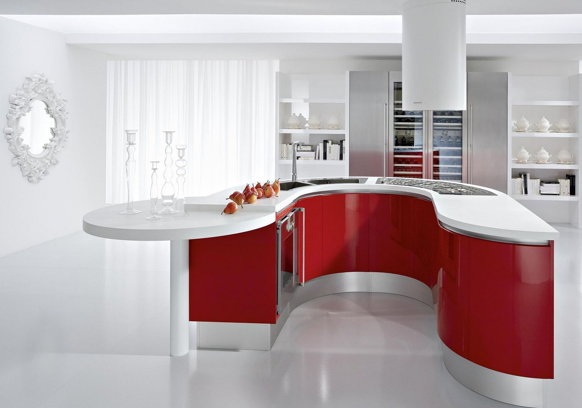 intérieur design style appartement maison chambre cuisine blanc rouge miroir table poires