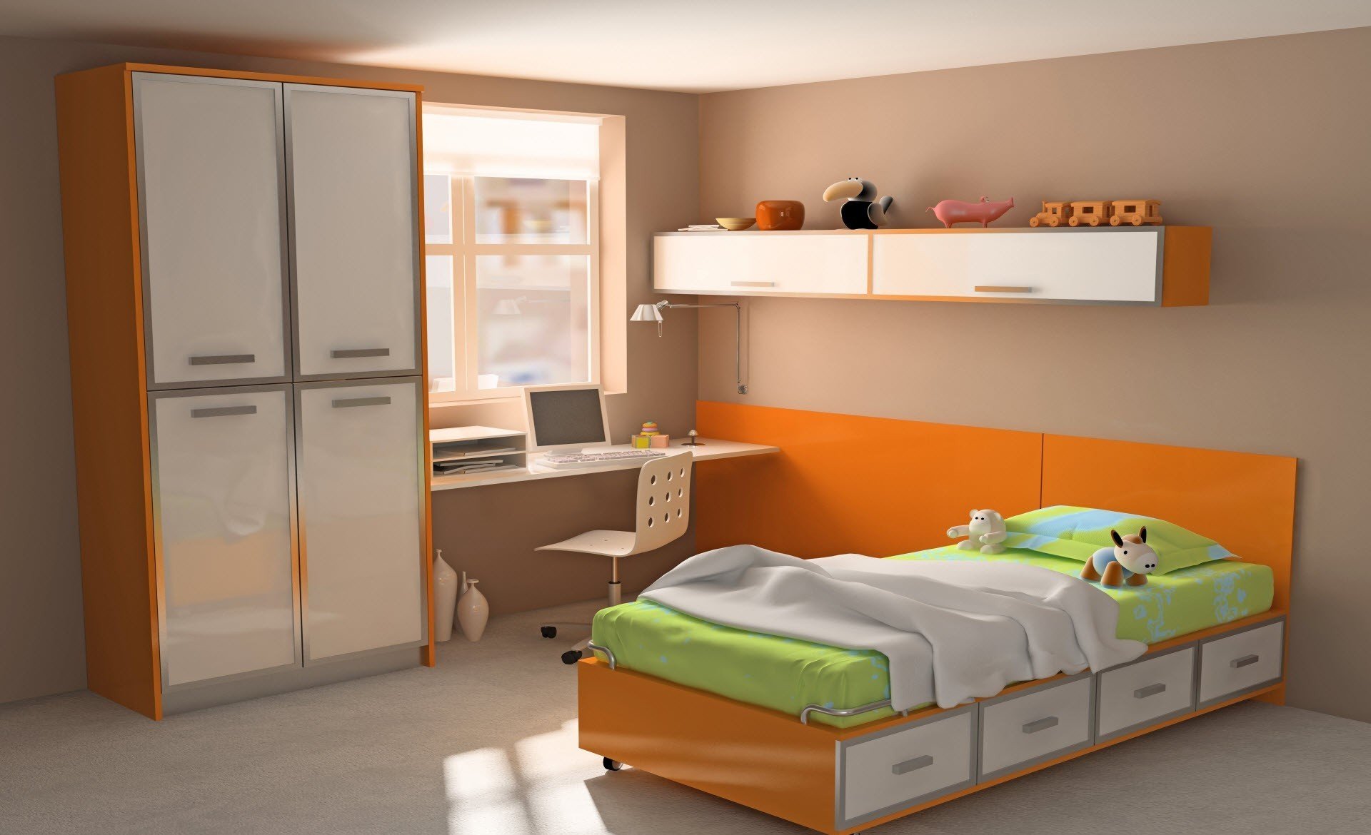 interior room apartment style design bright colorfully bed wardrobe table computer toys orange