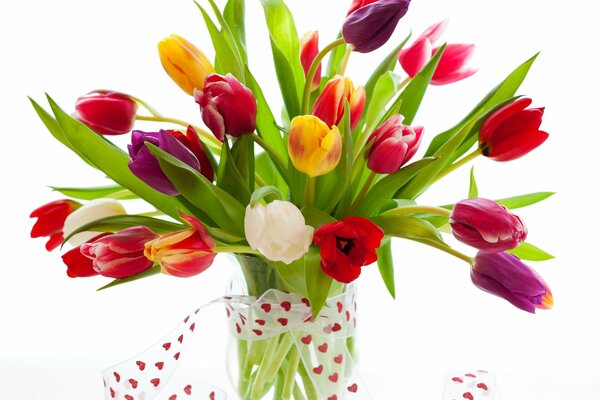 Bunte Tulpen stehen in einer Vase mit Wasser