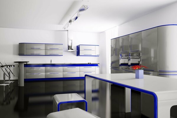 Modern studio kitchen in white and blue tones