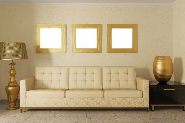 Design of a room with frames in golden tones