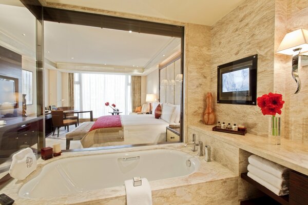 Bathroom with a large mirror