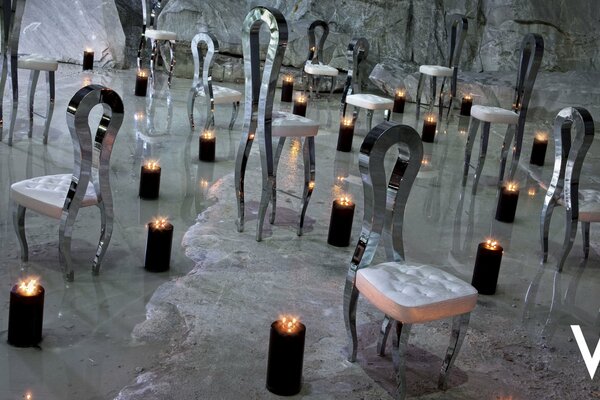 Unusual chairs, black candles