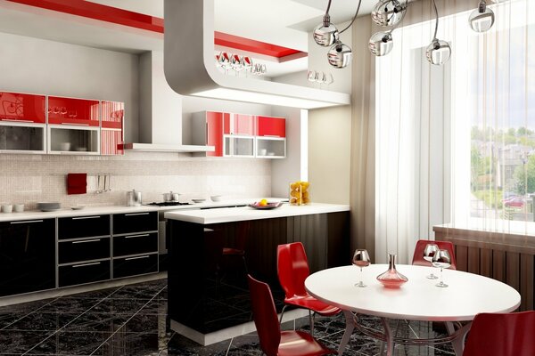 Comedor y cocina decoración en rojo con blanco