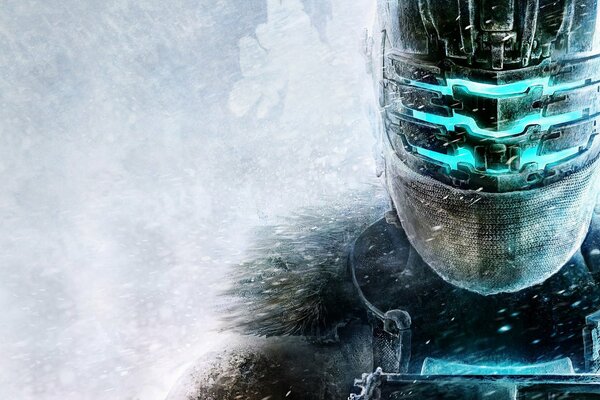 Isaac Clarke under a helmet in the snow from the game dead space 3