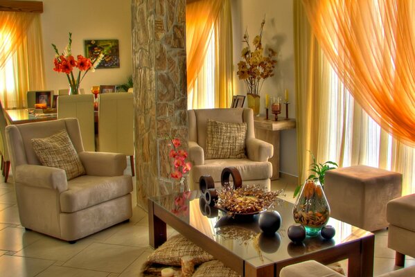 Living room interior with flowers and coffee table