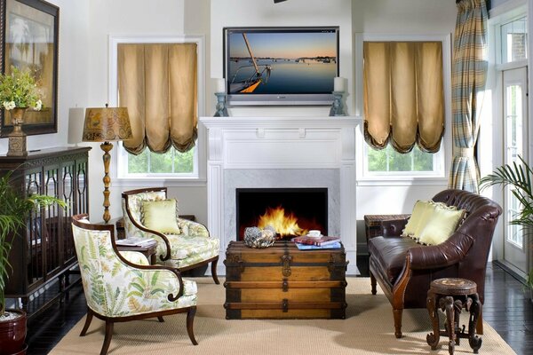 Living room design pillows flowers TV