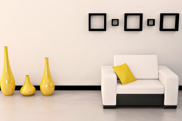 Canapé blanc avec coussin jaune et vases jaunes