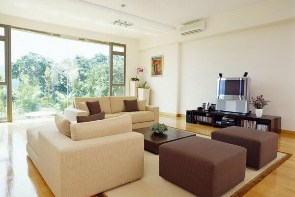 The interior of the hall in beige tones