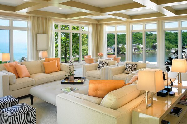 The interior of a spacious living room in the house