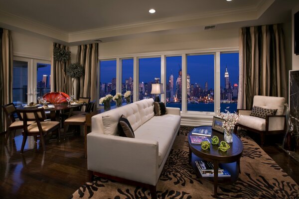 View from the penthouse window of the night skyscrapers of the USA