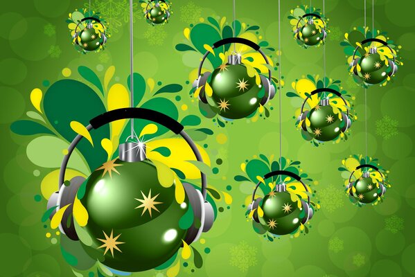 Juguetes de Navidad con auriculares sobre un fondo verde