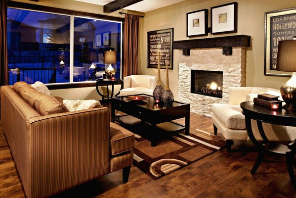 Living room with fireplace in bronze