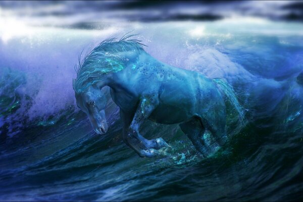 A shimmering horse in the waves of the ocean