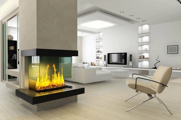 A large bright room with an artificial fireplace