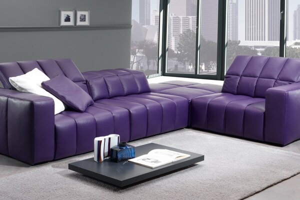 City apartment living room with modular purple furniture