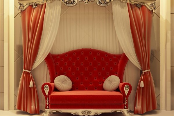 Red sofa with curtains and cornice