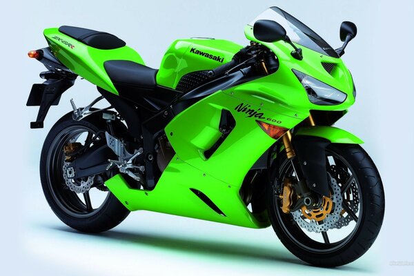 Bright green ninja motorcycle on neutral background