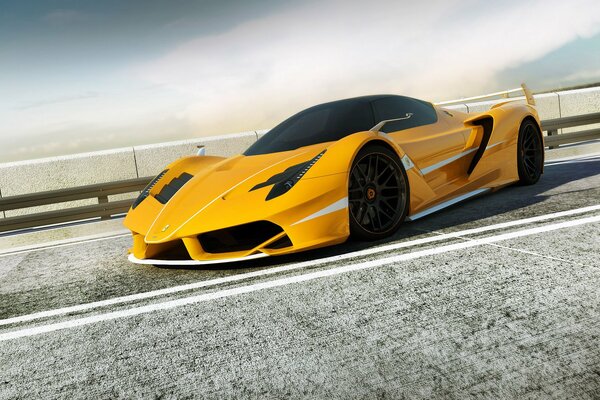 Ferrari render yellow on a beautiful background