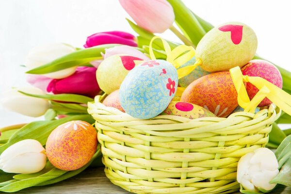 Panier de Pâques avec des tulipes et des œufs