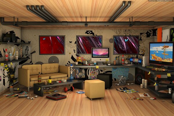 A room with scattered trinkets and a TV