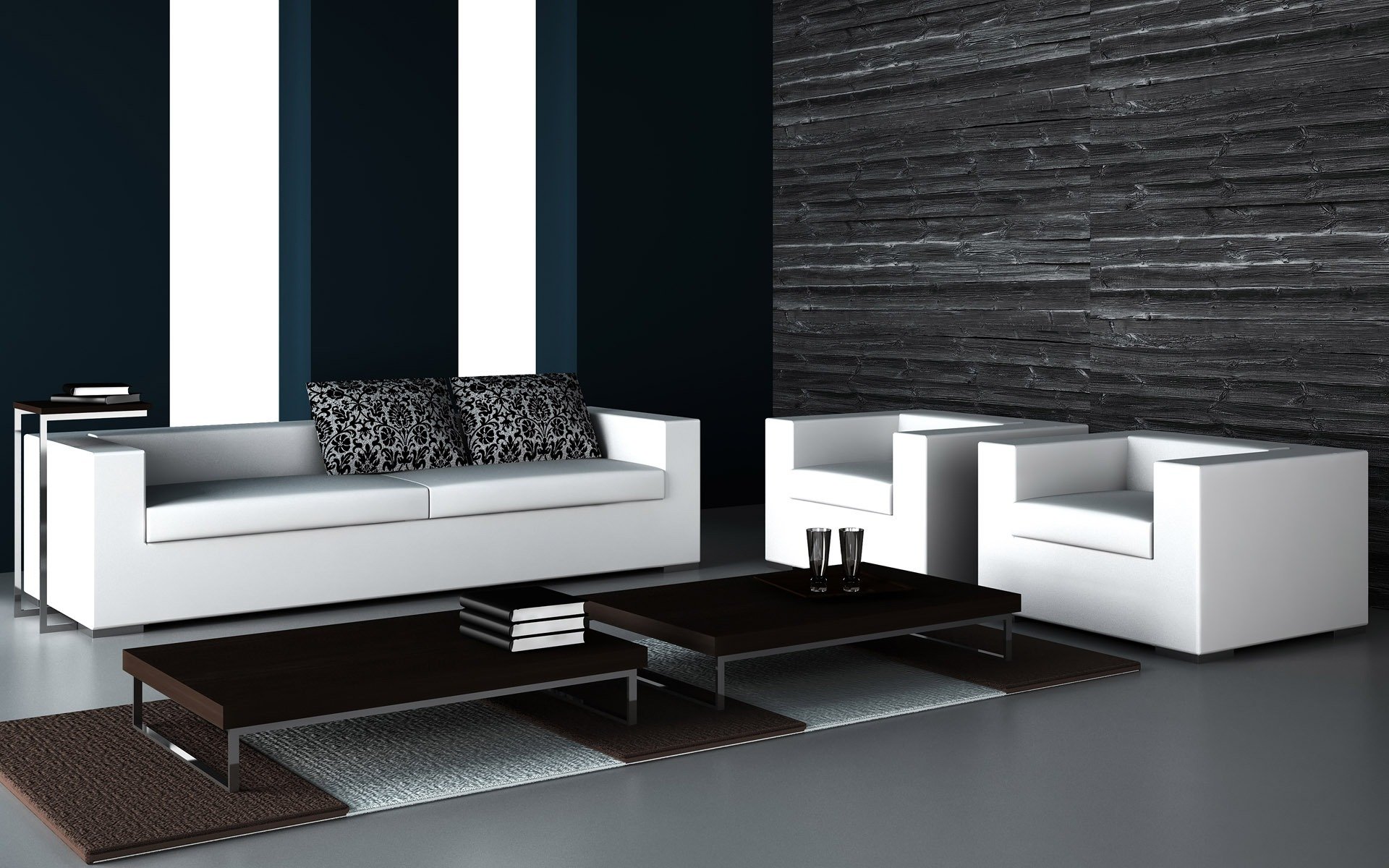 black-and-white interior design sofa armchairs table