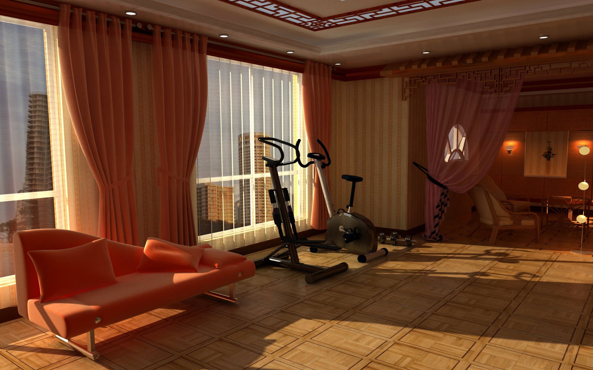 intérieur chambre appartement design style espace pour le sport gymnase exerciseur canapé